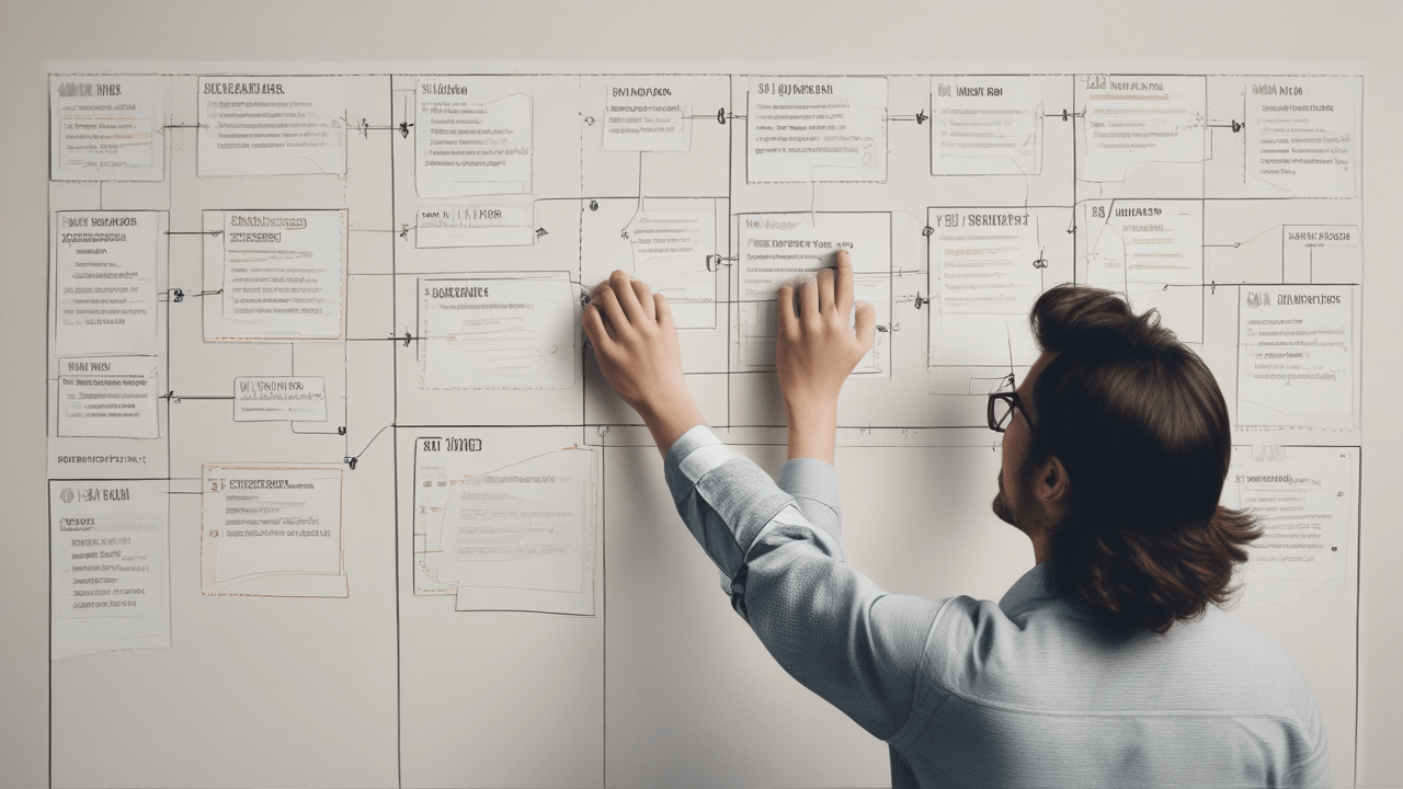 Person studying content strategy flowchart.